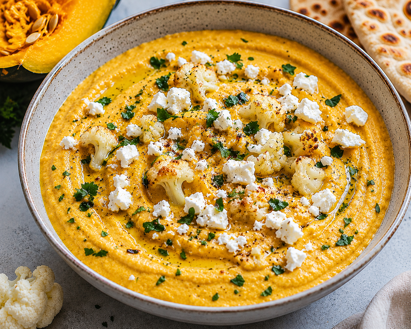Fetasaus, butternut en bloemkool