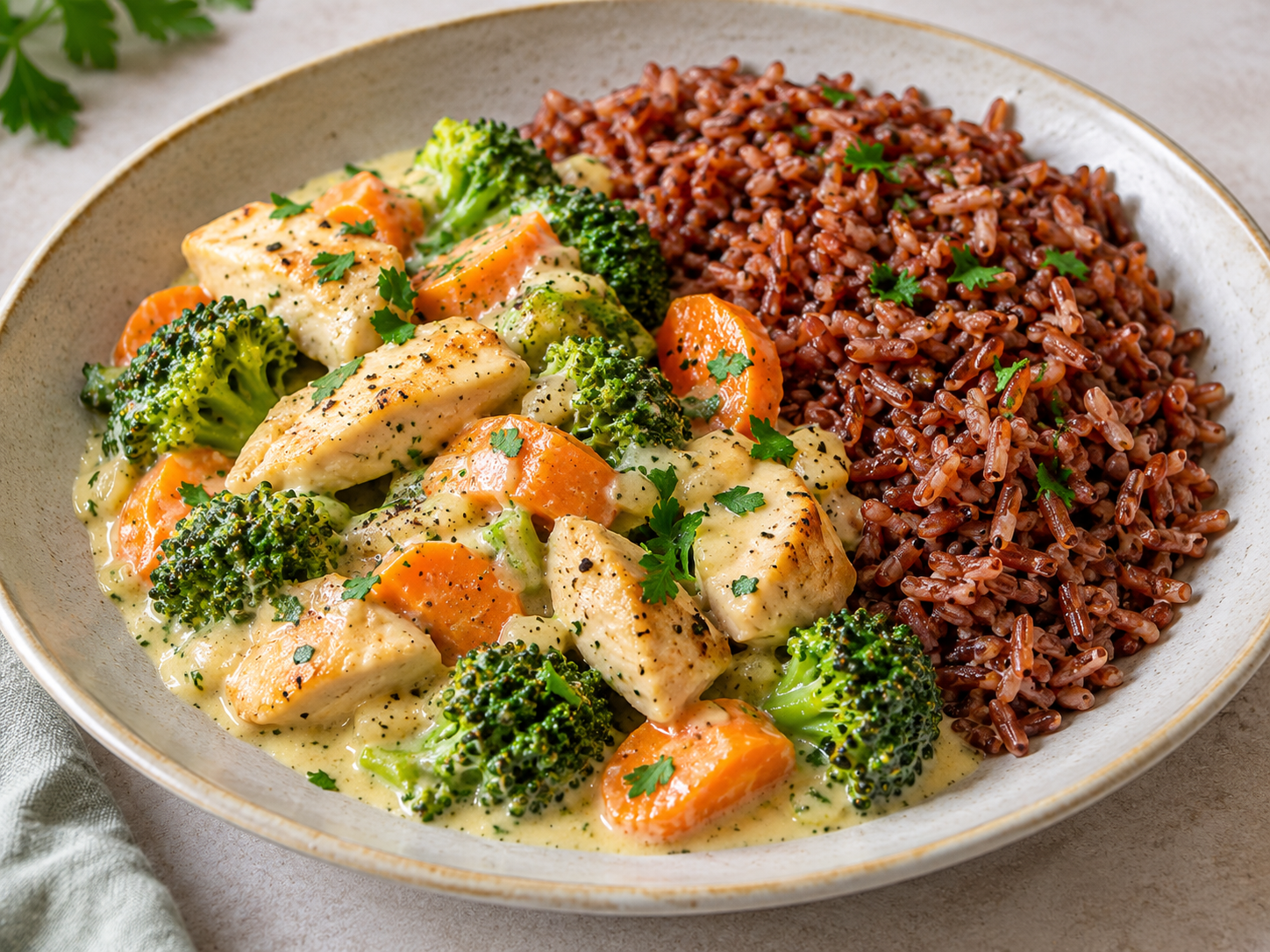 Bord met kipworstjes, broccoli en wortel in romige saus, met rijst ernaast.